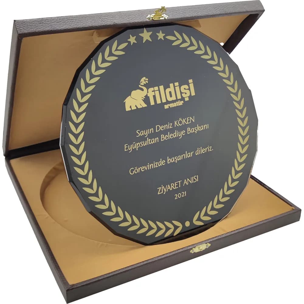 Defne Dallı Kutulu Kristal Plaket