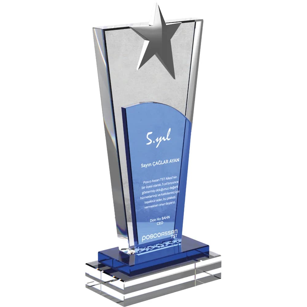 Mavi Yıldızlı Kristal Plaket 12x27