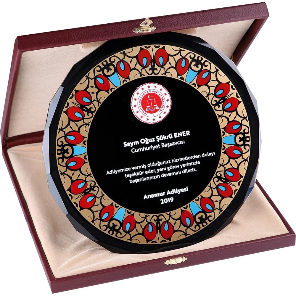 Laleli Kutulu Siyah Kristal Plaket