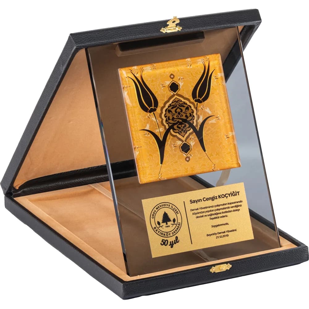 Altın Karolu Kutulu Kristal Plaket